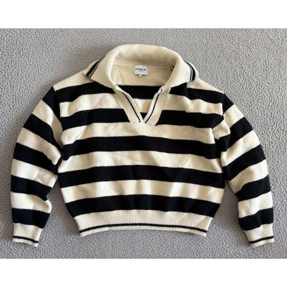 FRNCH Paris Sweater Crop Black White Striped Collared Pullover Knit Top - Picture 1 of 9